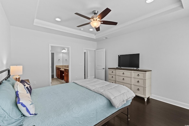 4555 Weekly Dr, Myrtle Beach, SC 29579 - bedroom featuring a tray ceiling, wood finished floors, recessed lighting, ornamental molding, and baseboards