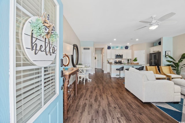 2504 Heritage Loop Unit 2504, Myrtle Beach, SC 29577 - living area featuring dark wood finished floors, a ceiling fan, and recessed lighting