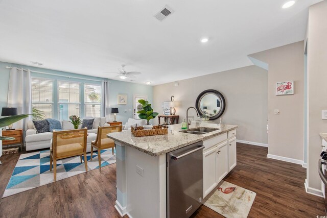 2504 Heritage Loop Unit 2504, Myrtle Beach, SC 29577 - kitchen featuring stainless steel dishwasher, a sink, open floor plan, ceiling fan, and dark wood finished floors