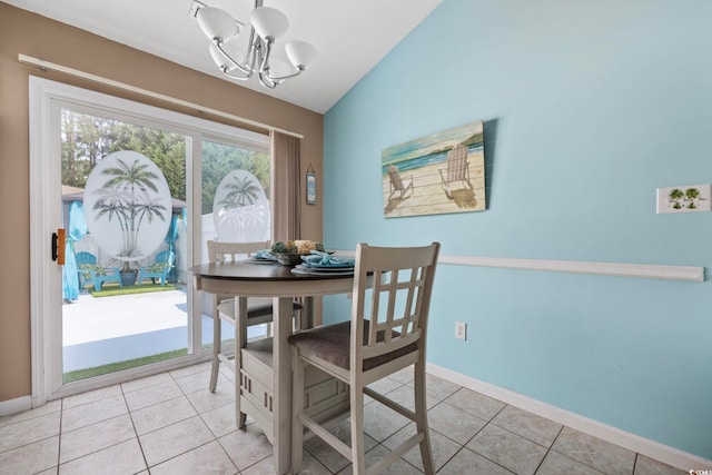6681 Wisteria Dr, Myrtle Beach, SC 29588 - dining space featuring a chandelier, vaulted ceiling, baseboards, and light tile patterned floors