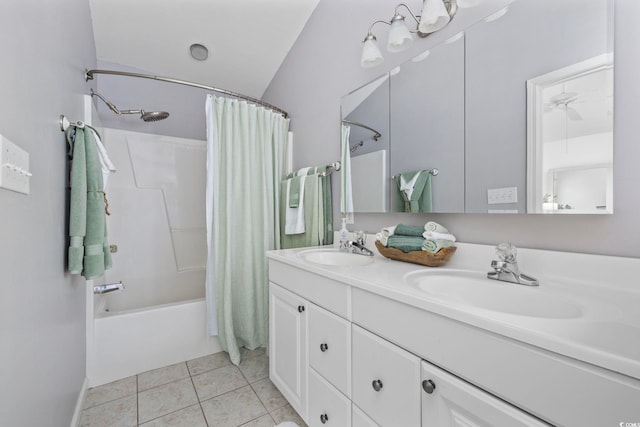 6681 Wisteria Dr, Myrtle Beach, SC 29588 - bathroom featuring shower / bath combo with shower curtain, double vanity, and tile patterned floors