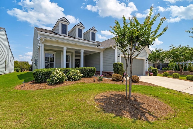 6378 Torino Ln, Myrtle Beach, SC 29572 - cape cod home featuring concrete driveway, a porch, a front lawn, and an attached garage