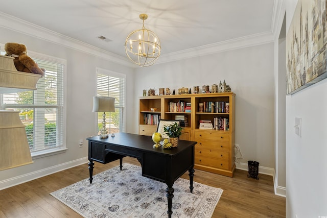 6378 Torino Ln, Myrtle Beach, SC 29572 - office area featuring a chandelier, crown molding, wood finished floors, and baseboards