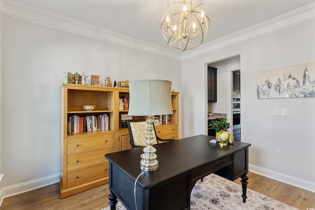 6378 Torino Ln, Myrtle Beach, SC 29572 - office area featuring a chandelier, crown molding, baseboards, and light wood-type flooring