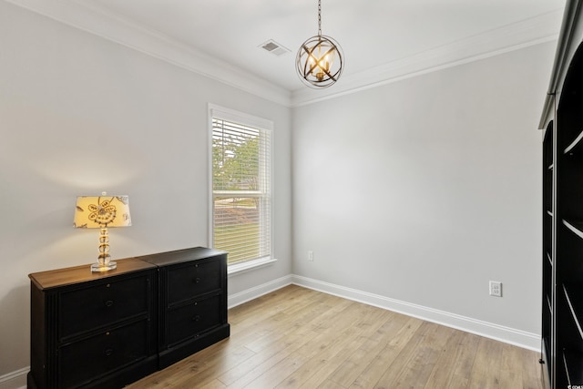 6378 Torino Ln, Myrtle Beach, SC 29572 - unfurnished bedroom with baseboards, crown molding, light wood-style floors, and a chandelier