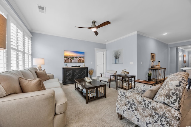 1352 Jolly Roger Dr, North Myrtle Beach, SC 29582 - living area featuring ceiling fan, ornamental molding, light carpet, and recessed lighting