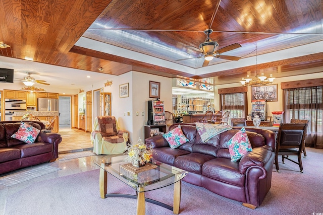 328 Waterside Dr, Myrtle Beach, SC 29577 - living area featuring a ceiling fan, wood ceiling, a chandelier, recessed lighting, and a raised ceiling