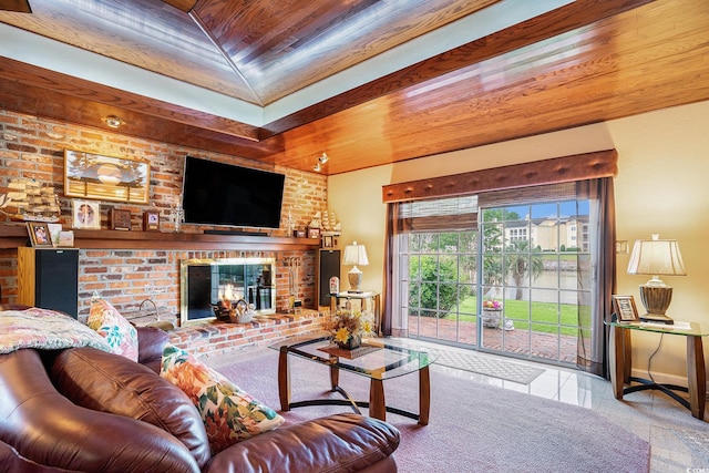 328 Waterside Dr, Myrtle Beach, SC 29577 - living room featuring wood ceiling, a brick fireplace, and baseboards