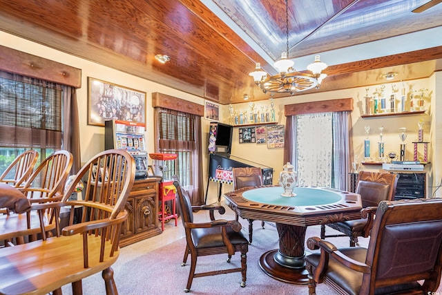 328 Waterside Dr, Myrtle Beach, SC 29577 - carpeted dining area with wooden ceiling, a chandelier, healthy amount of natural light, and lofted ceiling