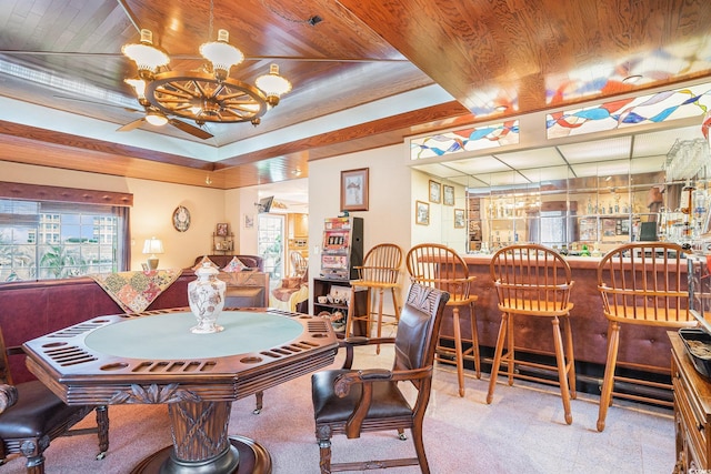 328 Waterside Dr, Myrtle Beach, SC 29577 - dining room featuring a bar, wooden ceiling, ceiling fan, and carpet flooring