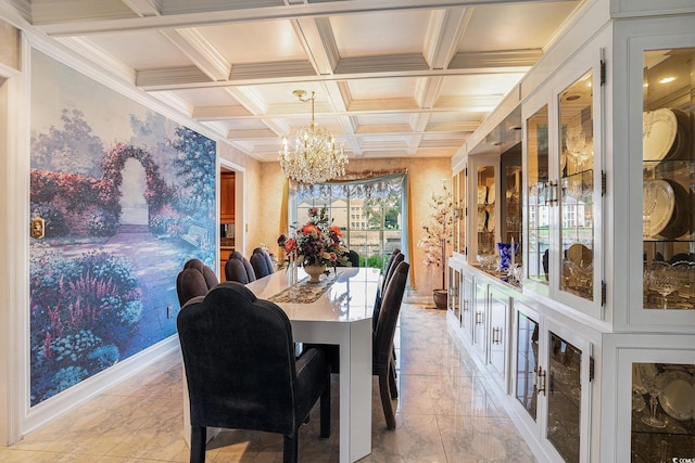 328 Waterside Dr, Myrtle Beach, SC 29577 - dining room with a chandelier, coffered ceiling, beam ceiling, crown molding, and light marble finish flooring