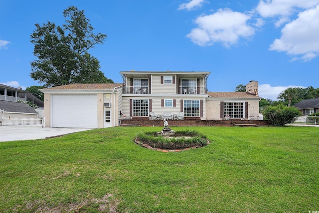 328 Waterside Dr, Myrtle Beach, SC 29577 - view of front facade with a chimney, driveway, a balcony, a garage, and brick siding