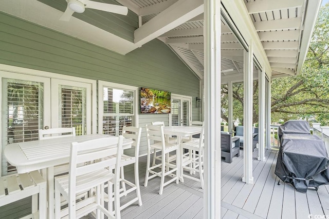 70 Beachwalker Ct, Georgetown, SC 29440 - wooden terrace featuring outdoor dining space, ceiling fan, and french doors