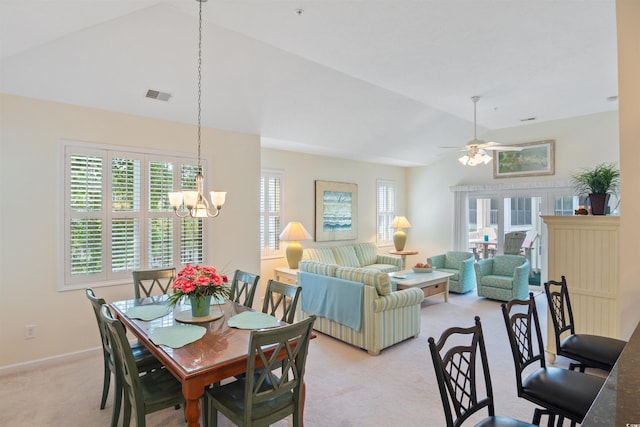 601 Hillside Dr N Unit 1931, North Myrtle Beach, SC 29582 - dining space featuring light colored carpet, a chandelier, lofted ceiling, ceiling fan, and plenty of natural light