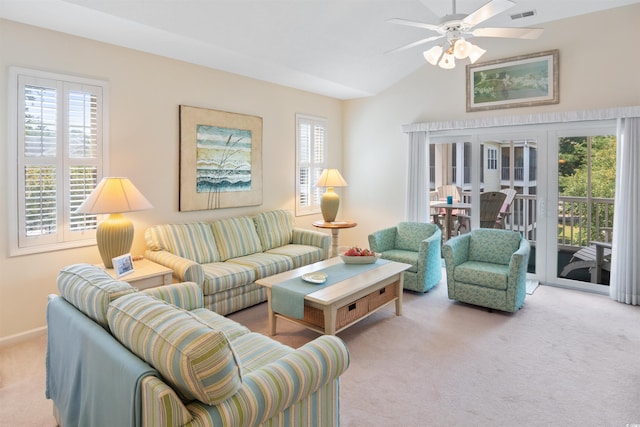 601 Hillside Dr N Unit 1931, North Myrtle Beach, SC 29582 - carpeted living room featuring plenty of natural light, a ceiling fan, vaulted ceiling, and french doors