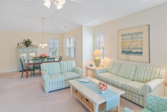 601 Hillside Dr N Unit 1931, North Myrtle Beach, SC 29582 - living room with ceiling fan, light colored carpet, a chandelier, vaulted ceiling, and baseboards