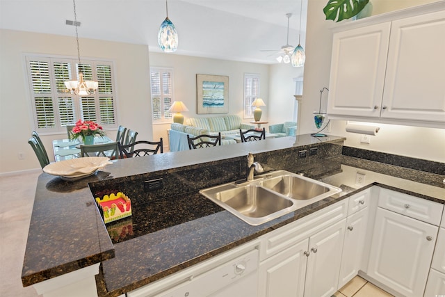 601 Hillside Dr N Unit 1931, North Myrtle Beach, SC 29582 - kitchen featuring white dishwasher, a chandelier, ceiling fan, white cabinets, and hanging light fixtures