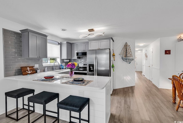 1870 Auburn Dr Unit 22A, Surfside Beach, SC 29575 - kitchen featuring appliances with stainless steel finishes, gray cabinetry, a peninsula, light countertops, and tasteful backsplash