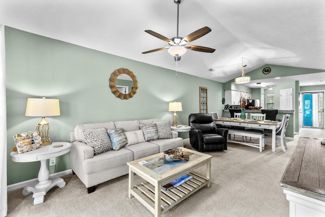 117 Pinehurst Ln Unit 5-J, Pawleys Island, SC 29585 - carpeted living room featuring lofted ceiling, a ceiling fan, and baseboards