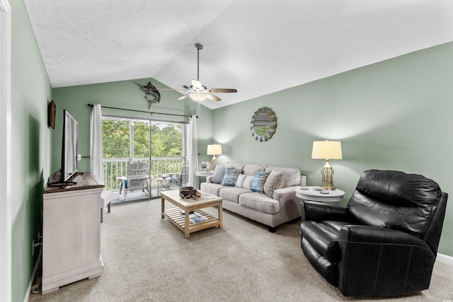 117 Pinehurst Ln Unit 5-J, Pawleys Island, SC 29585 - living area with a ceiling fan, vaulted ceiling, and light colored carpet