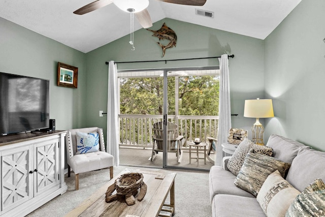 117 Pinehurst Ln Unit 5-J, Pawleys Island, SC 29585 - living room with a ceiling fan, carpet floors, and lofted ceiling
