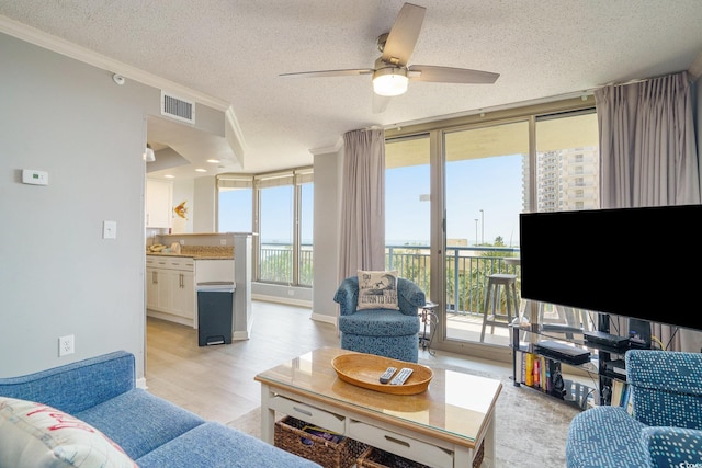 8560 Queensway Blvd Unit 106, Myrtle Beach, SC 29572 - living room featuring a textured ceiling, ornamental molding, ceiling fan, and light wood finished floors