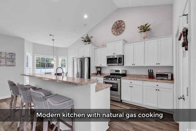 832 Windsor Rose Dr, Conway, SC 29526 - kitchen featuring stainless steel appliances, high vaulted ceiling, a breakfast bar area, white cabinetry, and dark wood-type flooring