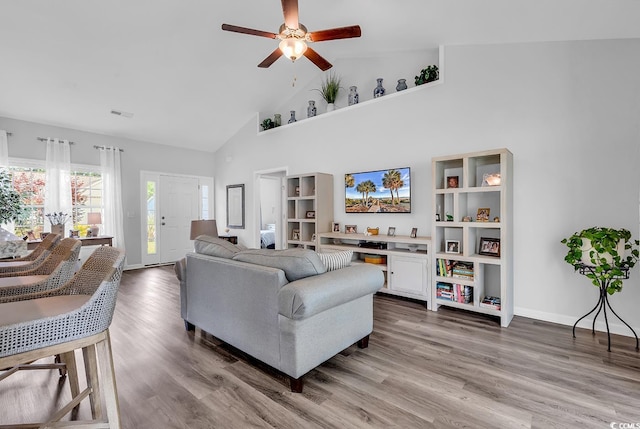 832 Windsor Rose Dr, Conway, SC 29526 - living room featuring high vaulted ceiling, a ceiling fan, wood finished floors, and baseboards