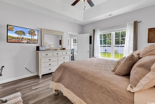 832 Windsor Rose Dr, Conway, SC 29526 - bedroom featuring dark wood-style floors, baseboards, a raised ceiling, and a ceiling fan