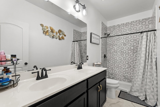 136 Southbury Dr, Myrtle Beach, SC 29588 - bathroom featuring double vanity, tiled shower, and marble finish floors
