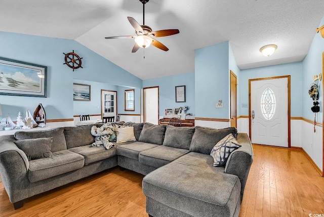 405 Flagstone Dr, Myrtle Beach, SC 29588 - living room featuring light wood-style floors, ceiling fan, vaulted ceiling, healthy amount of natural light, and baseboards