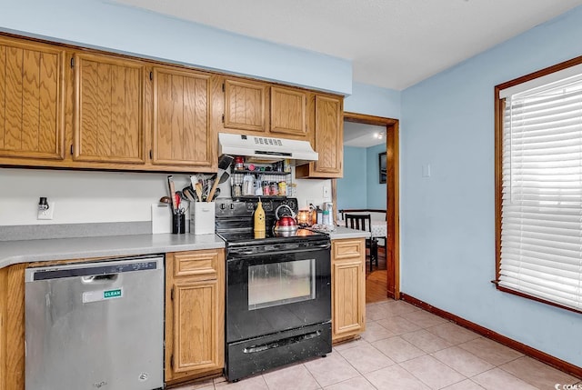 405 Flagstone Dr, Myrtle Beach, SC 29588 - kitchen featuring dishwasher, black range with electric cooktop, under cabinet range hood, light countertops, and light tile patterned floors