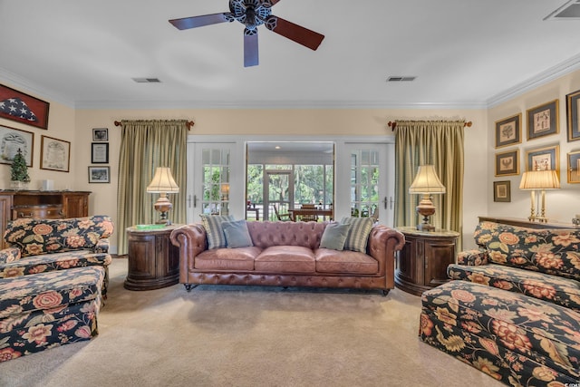 1259 Oatland Lake Rd, Pawleys Island, SC 29585 - carpeted living room featuring a ceiling fan and ornamental molding