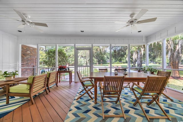 1259 Oatland Lake Rd, Pawleys Island, SC 29585 - sunroom with outdoor dining space, a ceiling fan, and wooden ceiling