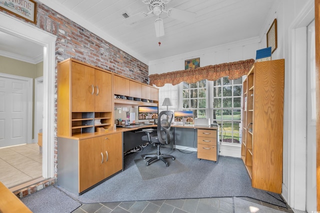 1259 Oatland Lake Rd, Pawleys Island, SC 29585 - office with a ceiling fan, ornamental molding, brick wall, and built in study area