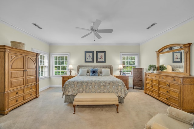 1259 Oatland Lake Rd, Pawleys Island, SC 29585 - bedroom featuring light colored carpet, ornamental molding, a ceiling fan, and baseboards