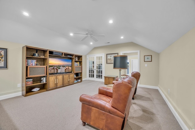 1259 Oatland Lake Rd, Pawleys Island, SC 29585 - living area featuring light carpet, a ceiling fan, lofted ceiling, recessed lighting, and baseboards