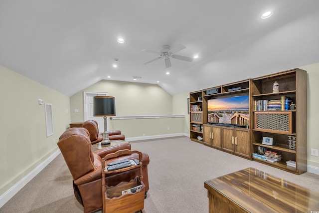 1259 Oatland Lake Rd, Pawleys Island, SC 29585 - carpeted cinema room featuring lofted ceiling, a ceiling fan, baseboards, and recessed lighting