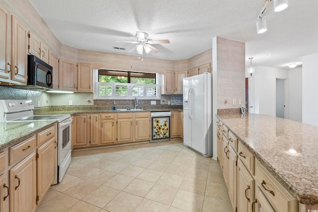 1468 Fox Hollow Way N, Myrtle Beach, SC 29582 - kitchen with white appliances, a sink, light brown cabinets, a ceiling fan, and light stone countertops