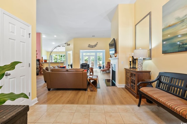 106 Cypress Creek Dr, Murrells Inlet, SC 29576 - tiled living room featuring a fireplace, baseboards, and recessed lighting