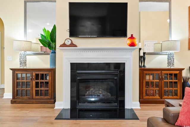 106 Cypress Creek Dr, Murrells Inlet, SC 29576 - detailed view of wood finished floors, arched walkways, a fireplace with flush hearth, and baseboards