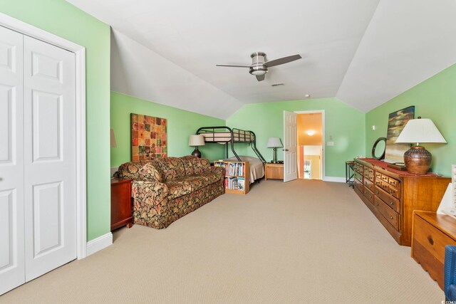 106 Cypress Creek Dr, Murrells Inlet, SC 29576 - bedroom with carpet floors, vaulted ceiling, baseboards, and ceiling fan