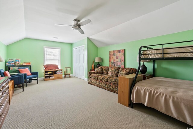 106 Cypress Creek Dr, Murrells Inlet, SC 29576 - bedroom featuring vaulted ceiling, carpet flooring, baseboards, a closet, and a ceiling fan