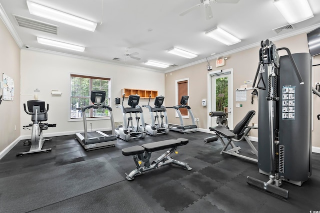 106 Cypress Creek Dr, Murrells Inlet, SC 29576 - gym featuring ceiling fan, healthy amount of natural light, baseboards, and ornamental molding