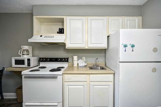 1207 S Ocean Blvd Unit 50809, Myrtle Beach, SC 29577 - kitchen with white appliances, a sink, under cabinet range hood, open shelves, and light countertops