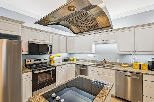 931 S Ocean Blvd, North Myrtle Beach, SC 29582 - kitchen with appliances with stainless steel finishes, ventilation hood, ornamental molding, white cabinets, and light stone countertops