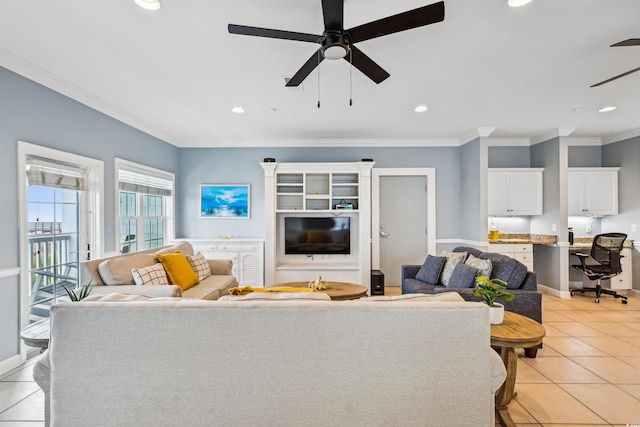 931 S Ocean Blvd, North Myrtle Beach, SC 29582 - living area featuring ceiling fan, recessed lighting, light tile patterned floors, and ornamental molding