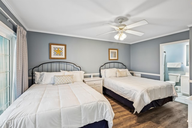 931 S Ocean Blvd, North Myrtle Beach, SC 29582 - bedroom featuring wood finished floors, ornamental molding, ceiling fan, and ensuite bathroom