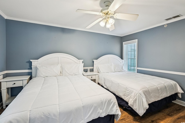 931 S Ocean Blvd, North Myrtle Beach, SC 29582 - bedroom featuring wood finished floors, ornamental molding, and a ceiling fan