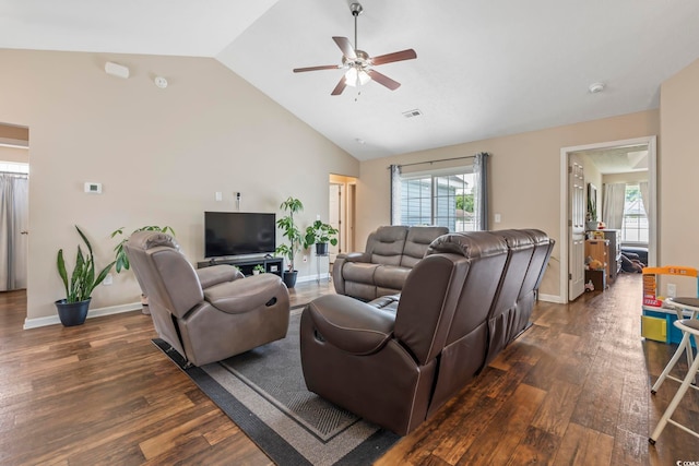 282 Foxpath Loop, Myrtle Beach, SC 29588 - living room with dark wood-type flooring, lofted ceiling, a ceiling fan, and baseboards